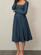 Square Neck Long Sleeve Midi Dress