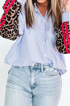 Stripe Contrasted Varsity Stripe Leopard Patchwork Button Down Shirt