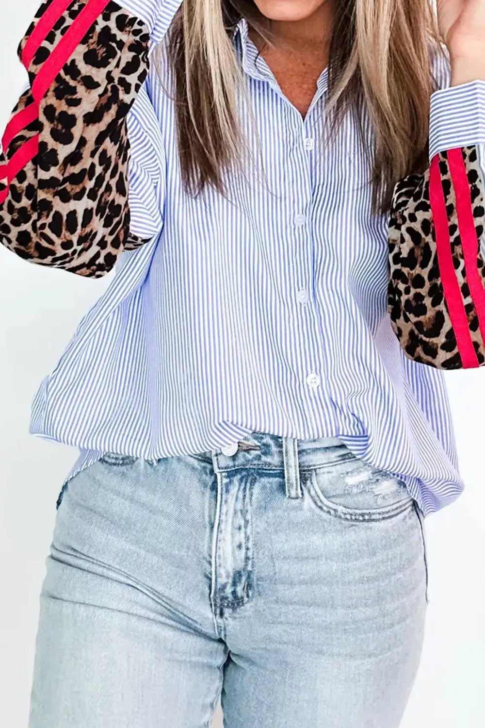 Stripe Contrasted Varsity Stripe Leopard Patchwork Button Down Shirt