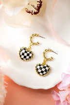 Black Checkered Heart Dangle Gold Plated Twisted Hoop Stud Earrings