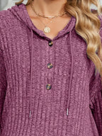 Casual Ribbed Knit Button Detail Hoodie