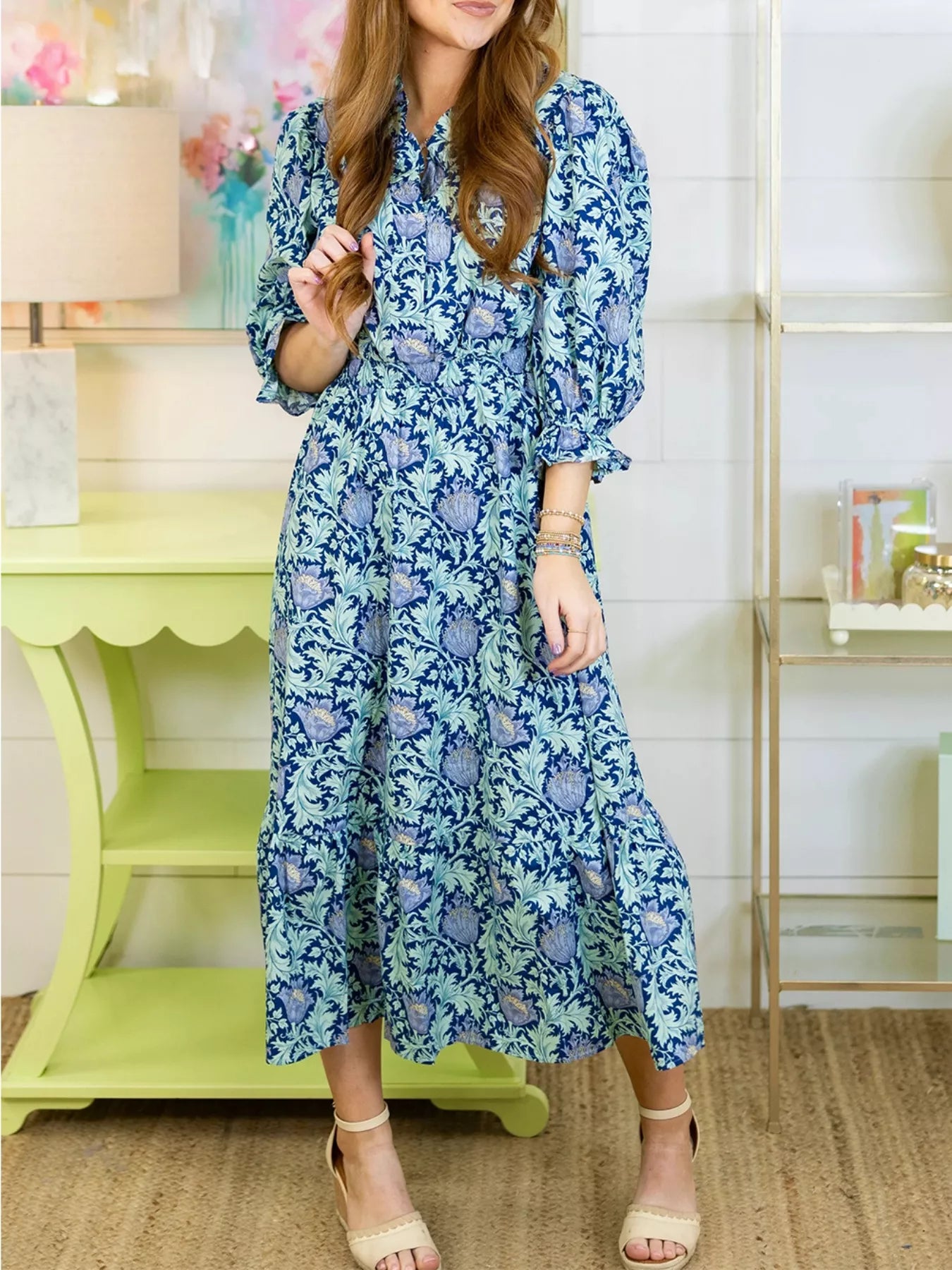Floral Print Midi Dress with Puff Sleeves