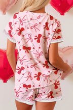 Bow Print Loose Tee Drawstring Shorts 2pcs Lounge Set