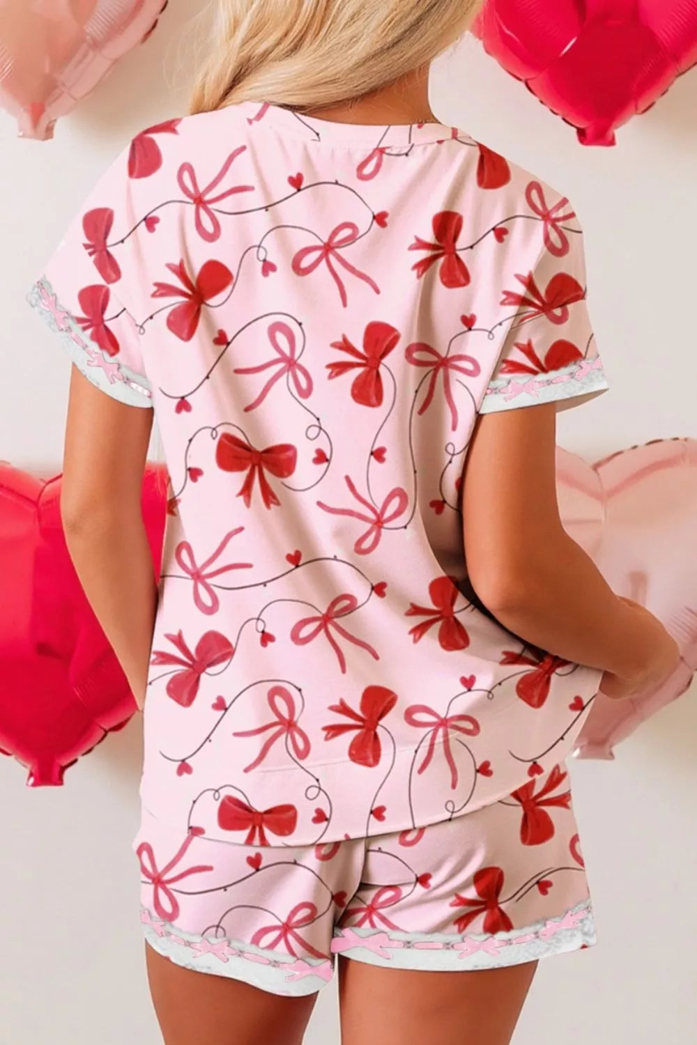 Bow Print Loose Tee Drawstring Shorts 2pcs Lounge Set