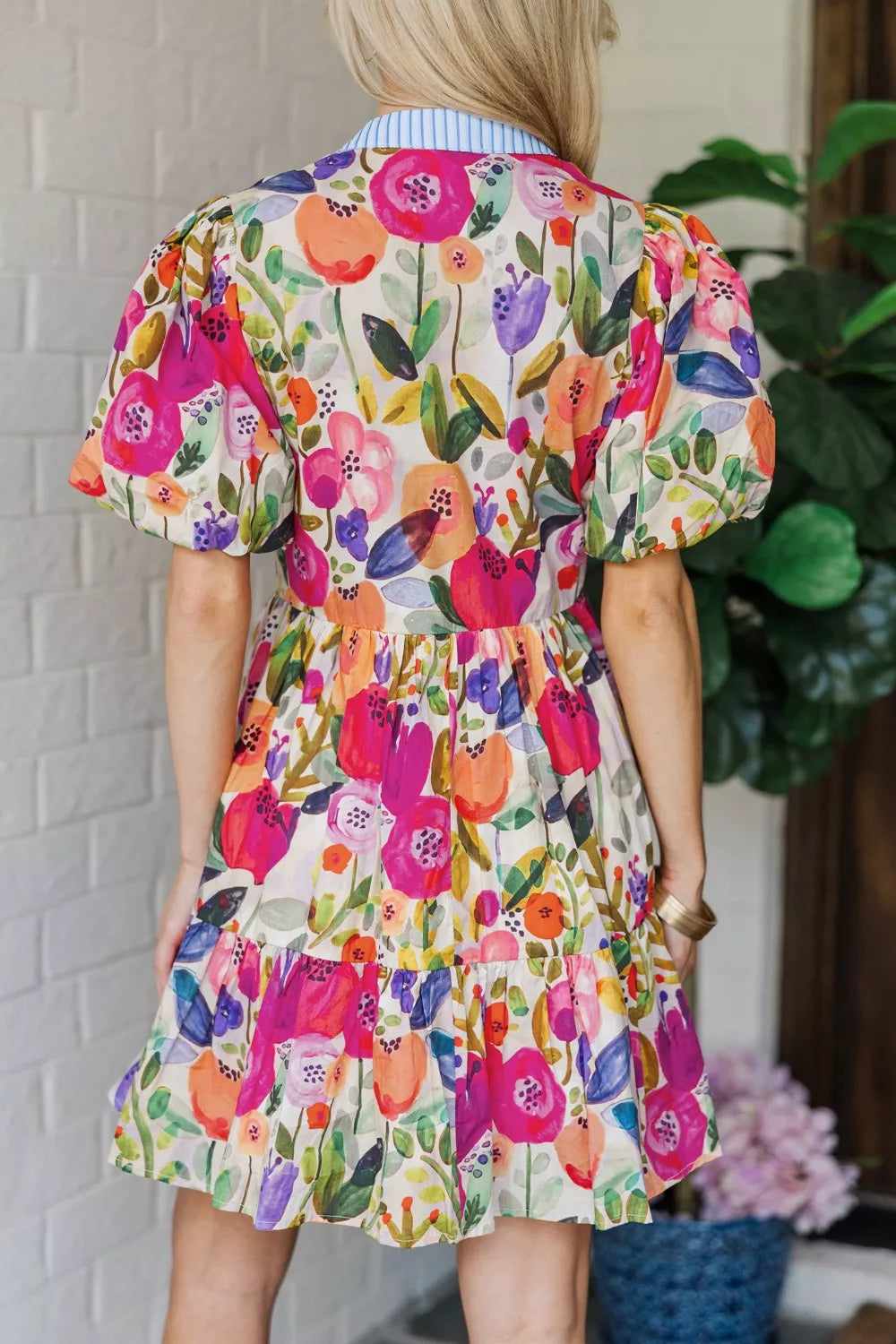 Floral Print Ricrac Trim Striped Patchwork V Neck Dress