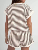 Full Size Striped Round Neck Top and Shorts Set Plus Size