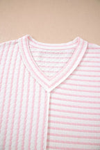 Plus Size Stripe Plus Size V Neck Exposed Seam Patchwork T Shirt