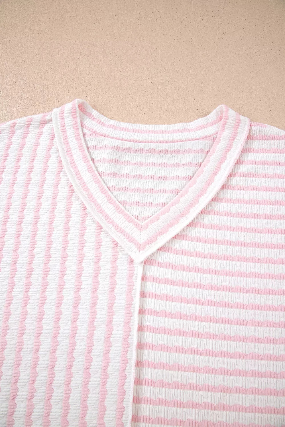 Plus Size Stripe Plus Size V Neck Exposed Seam Patchwork T Shirt