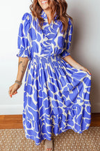 Abstract Print Smocked Waist Puff Half Sleeve Dress