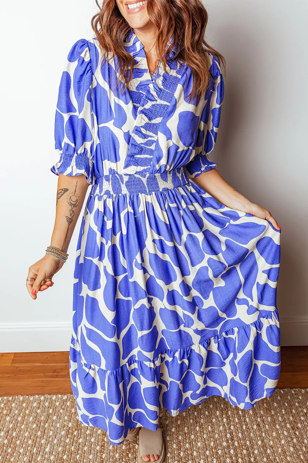 Abstract Print Smocked Waist Puff Half Sleeve Dress