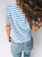Stripe Textured Short Sleeve Patchwork T Shirt