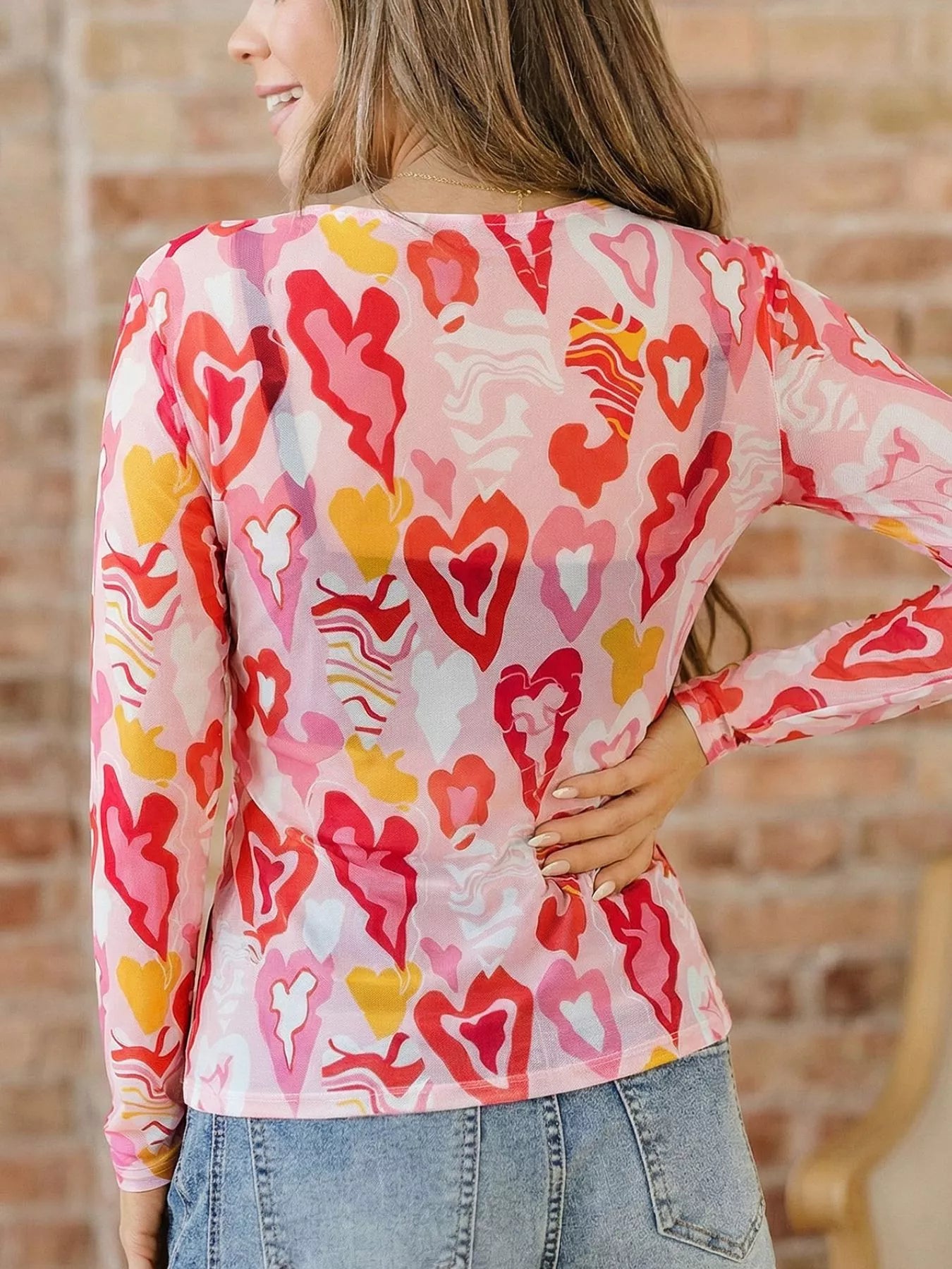 Valentine Heart Mesh Long Sleeve Top