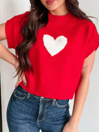 Heart Ribbed Hem Short Sleeve Sweater