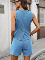Sleeveless Button-Down Denim Vest & Shorts Set
