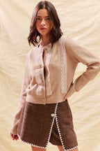 SO ME Front Lace Trim Button Cardigan Sweater