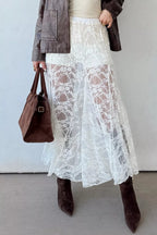Sheer Floral Lace Flowy Maxi Skirt