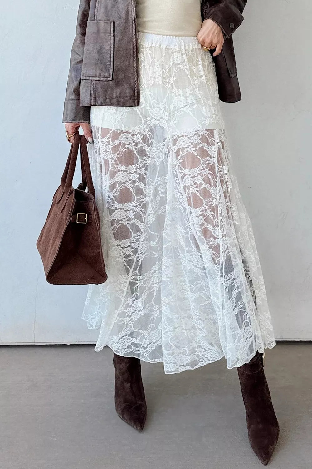 Sheer Floral Lace Flowy Maxi Skirt