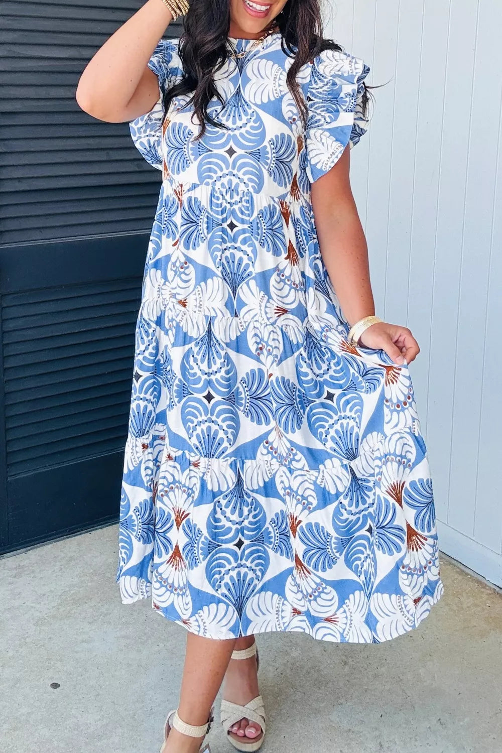 Ruffle Sleeve Tiered Midi Dress