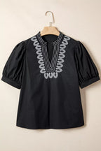 Short Puff Sleeve Contrast Embroidered Detail V Neck Blouse