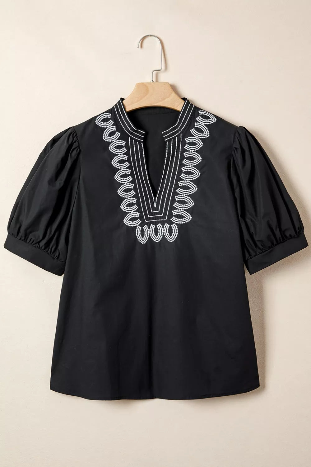 Short Puff Sleeve Contrast Embroidered Detail V Neck Blouse