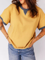 Contrast Trim Raw Hemline Short Sleeve Loose Top