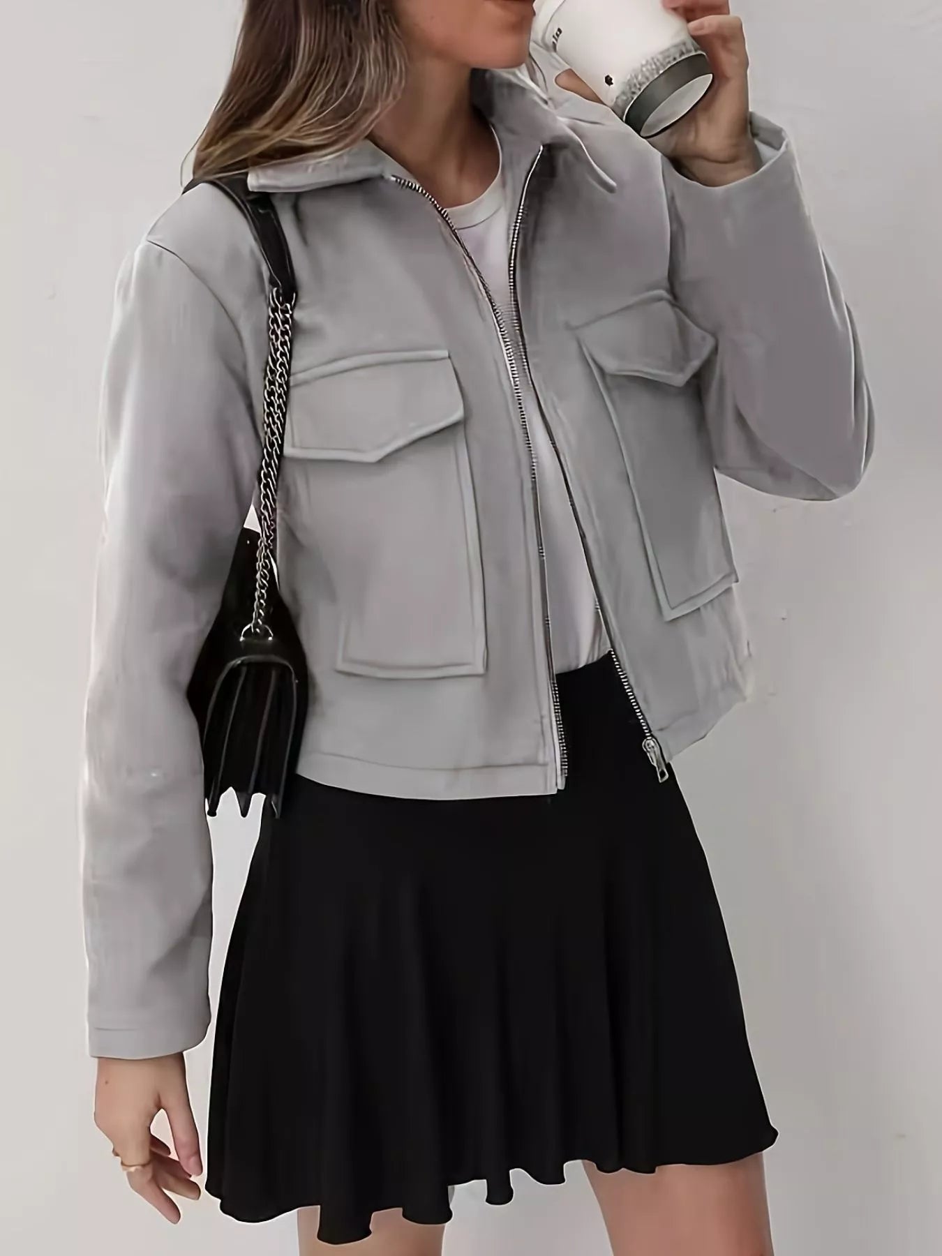 Cropped Zip-Up Pocketed Jacket