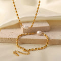 Pearl and Gold Chain Jewelry Set with Necklace and Bracelet