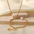 Pearl and Gold Chain Jewelry Set with Necklace and Bracelet