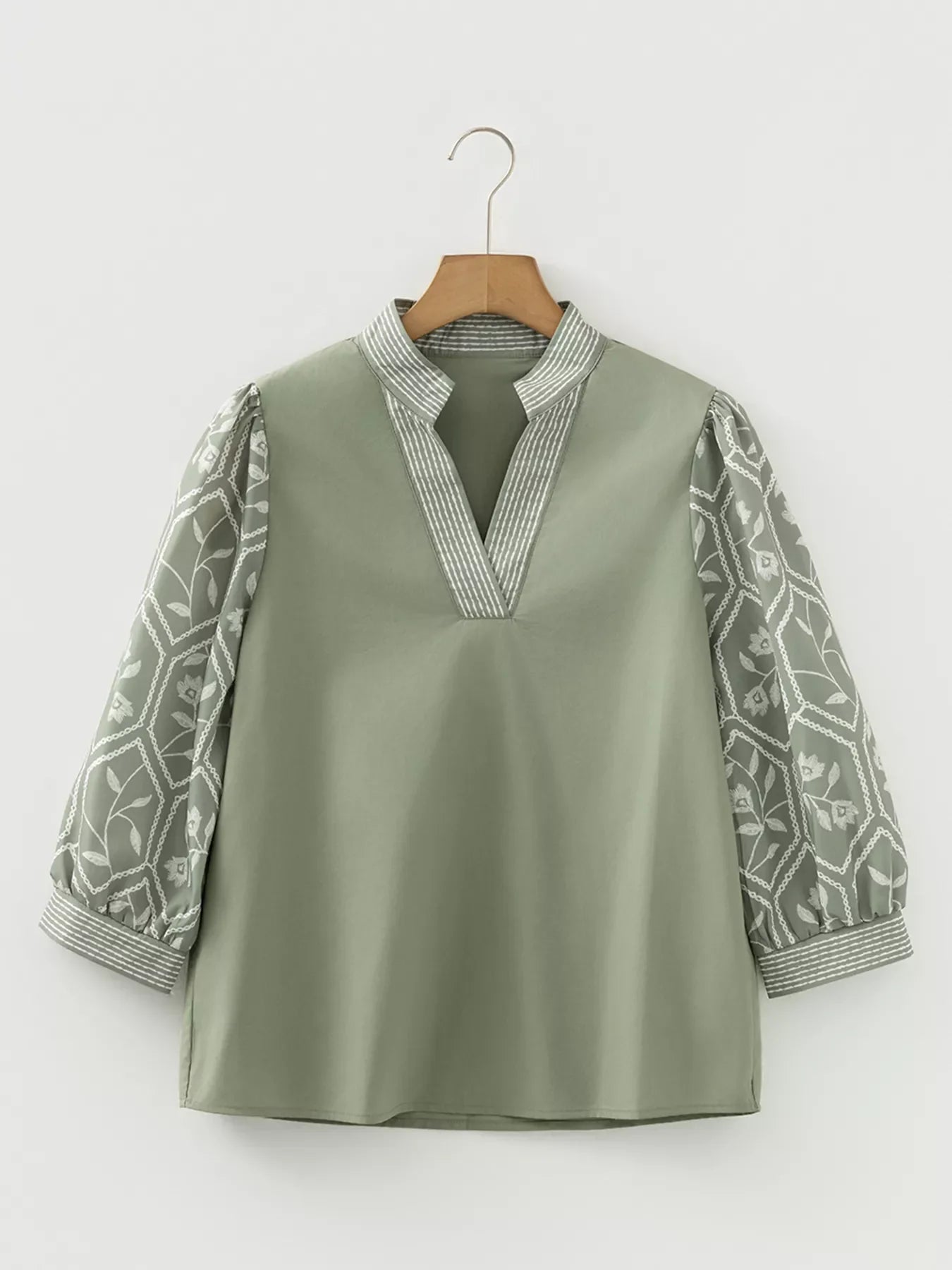 Floral Puff Sleeve Contrast V Neck Patchwork Blouse