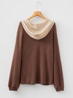 Waffle Contrast Half Buttoned Hooded Pullover Top