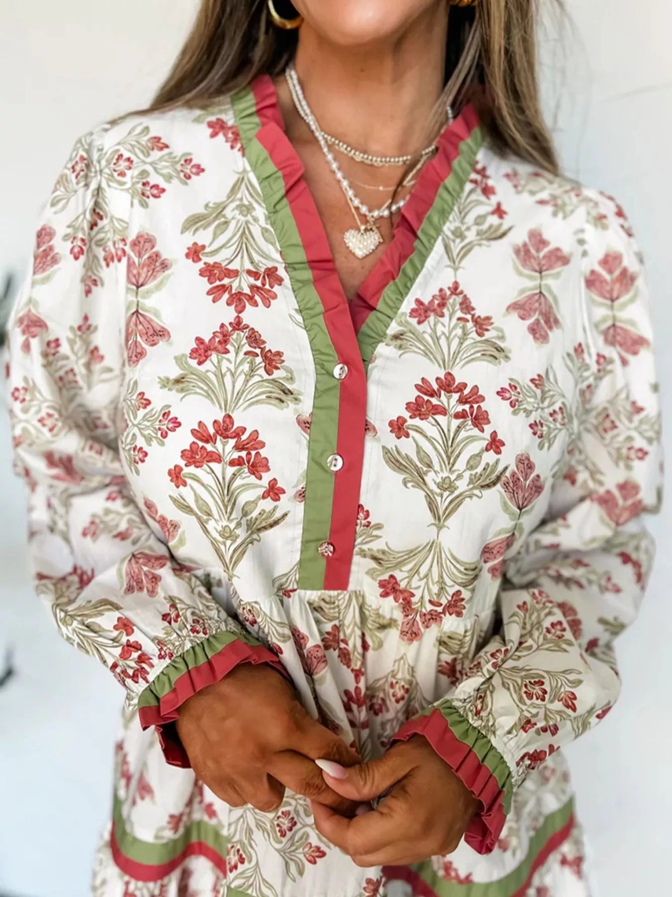 Floral Print Contrast Trim Frilled Neck Long Sleeve Flared Dress
