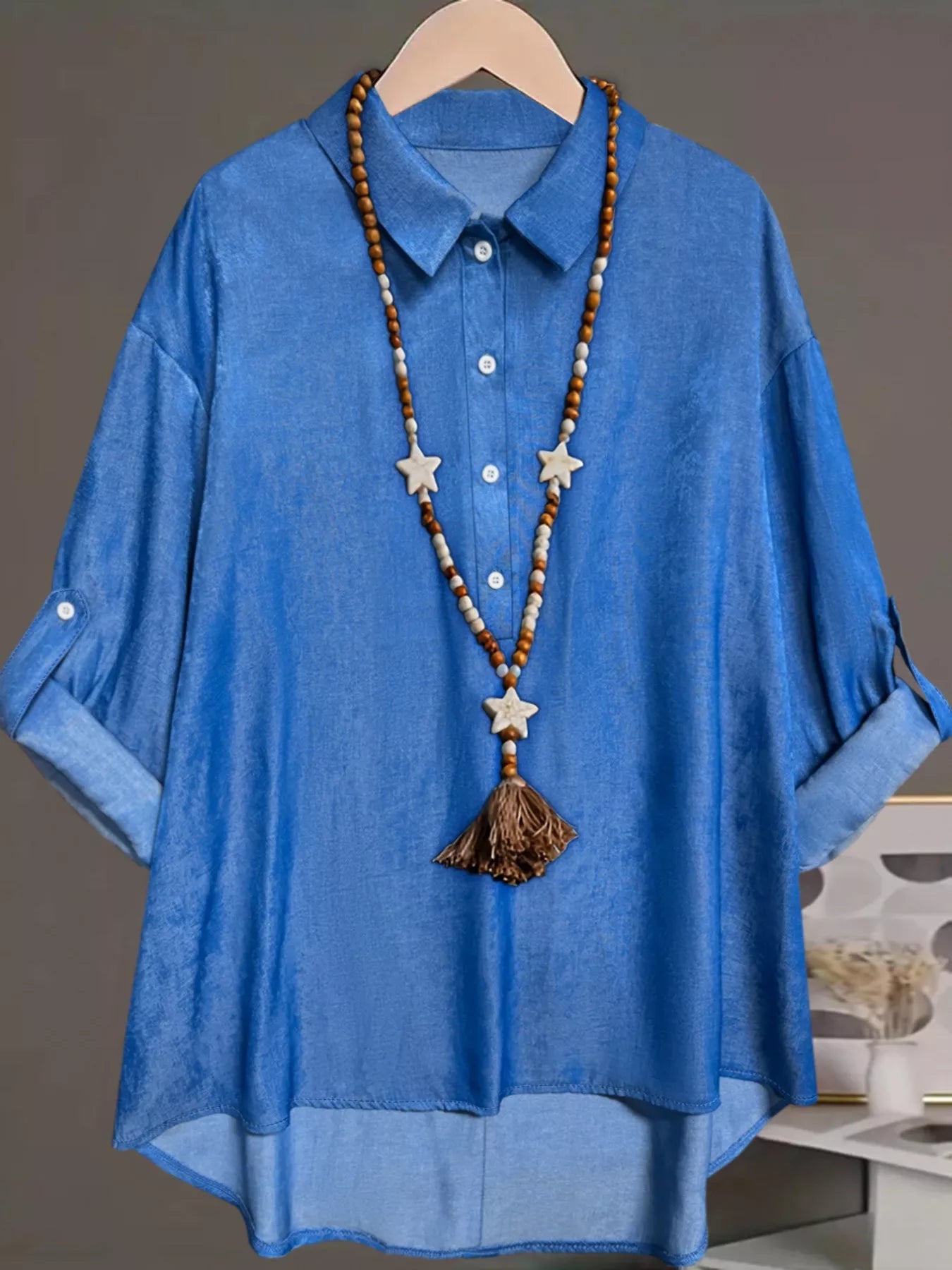 Plus Size Collared Neck Half Button Blouse