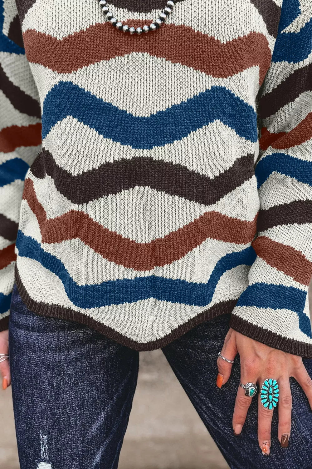 Chevron Striped Round Neck Sweater