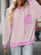 Casual Color Block Button Detail Hoodie