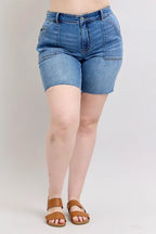 Judy Blue Full Size Mid Rise Bermudas Denim Shorts W/ Back Flap Pockets Plus Size