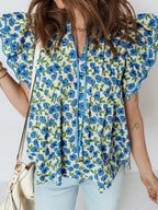 Tiered Flutter Sleeve Pleated Flower Blouse