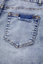 Pearl Studded Pockets Raw Hem Denim Shorts