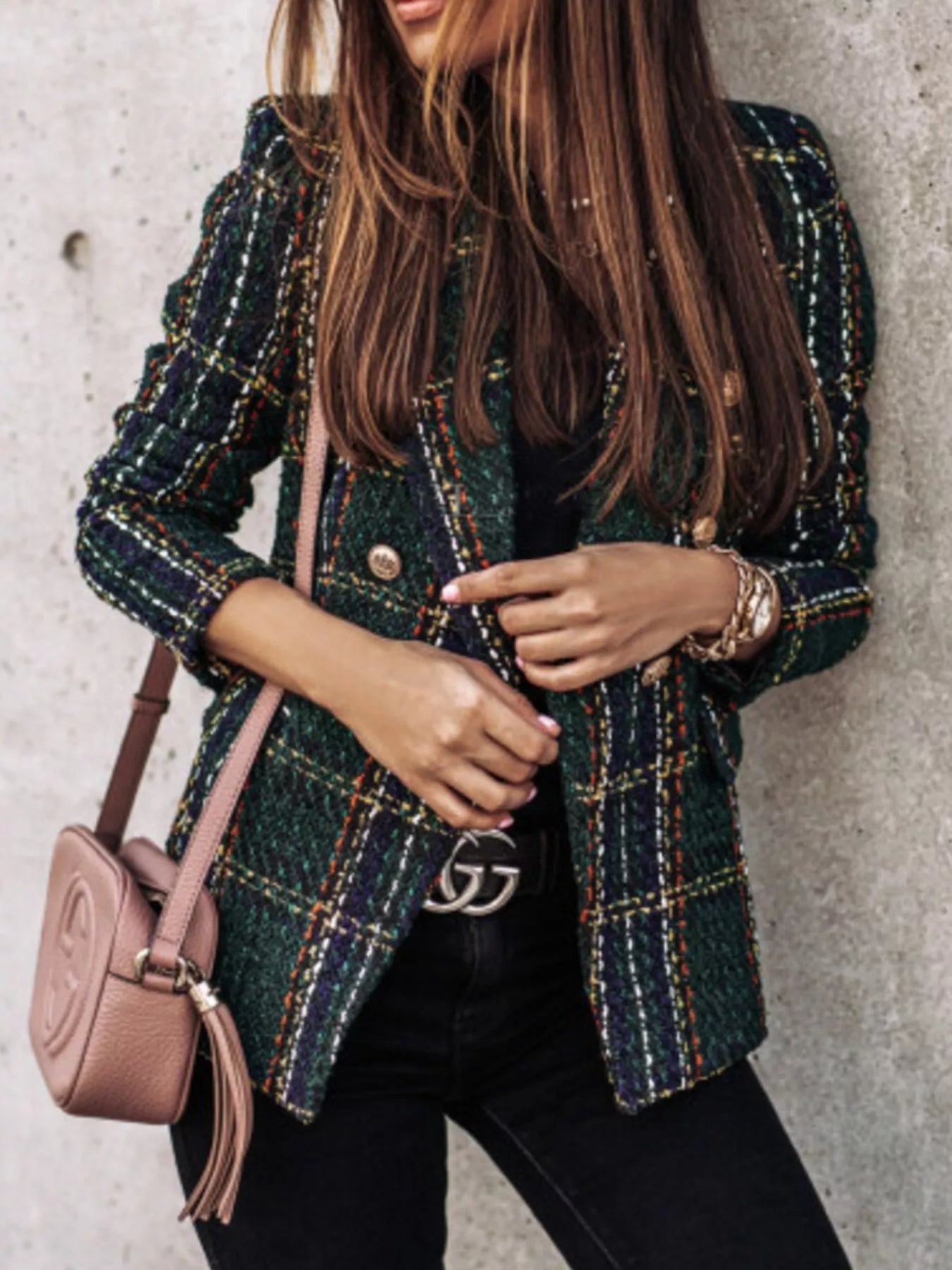 Full Size Plaid Tweed Double-Breasted Blazer Plus Size