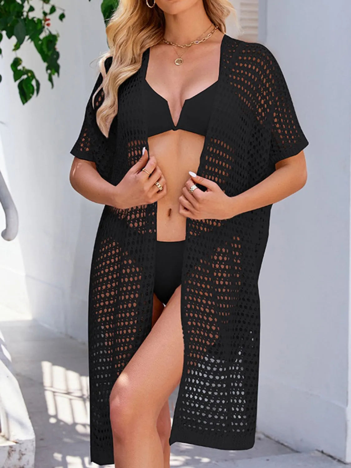 Open Front Tied Openwork Cover-Up