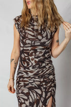 Abstract Print Mesh Cowl Neck Cap Sleeve Ruched Midi Dress with Slit