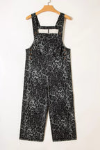 Leopard Print Button Adjustable Straps Cropped Loose Denim Overalls