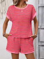 Striped Casual Round Neck Top and Shorts Set