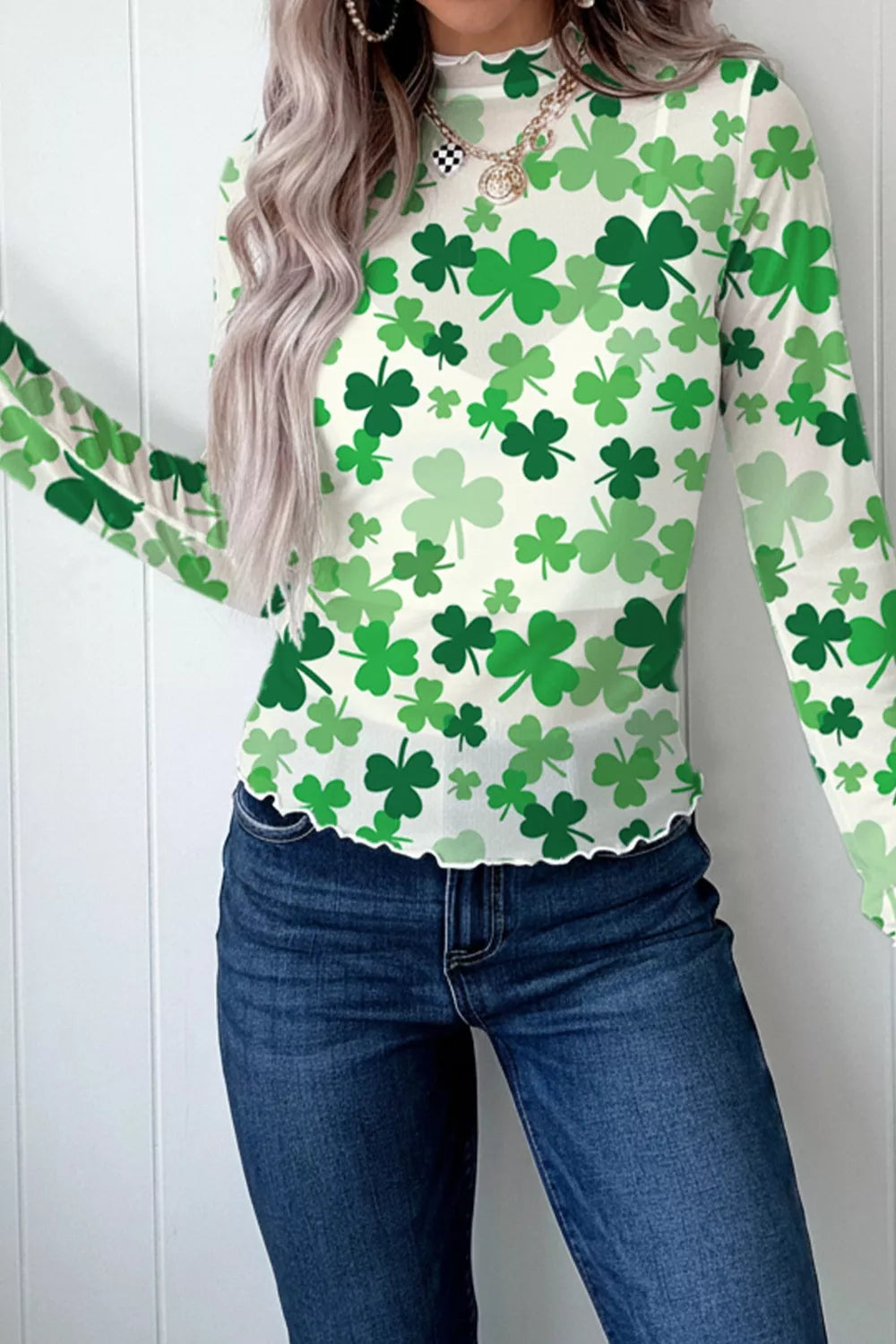 Lettuce Trim High Neck Mesh Long Sleeve Top