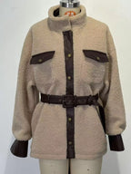 Leather Trim Sherpa Outerwear with Pockets