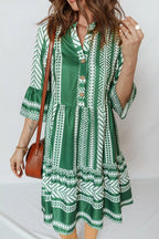 Ethnic Print Half Button 3/4 Sleeve Casual Dress