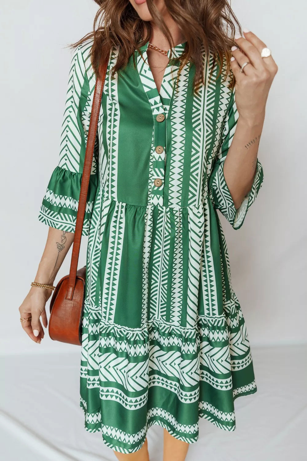 Ethnic Print Half Button 3/4 Sleeve Casual Dress