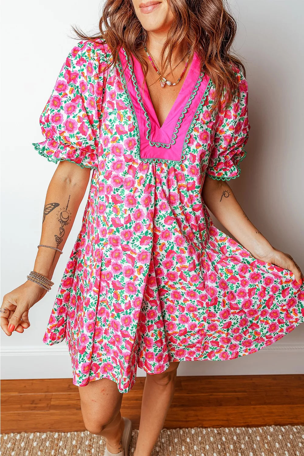 Floral Print V Neck Patchwork Short Bubble Sleeve Mini Dress
