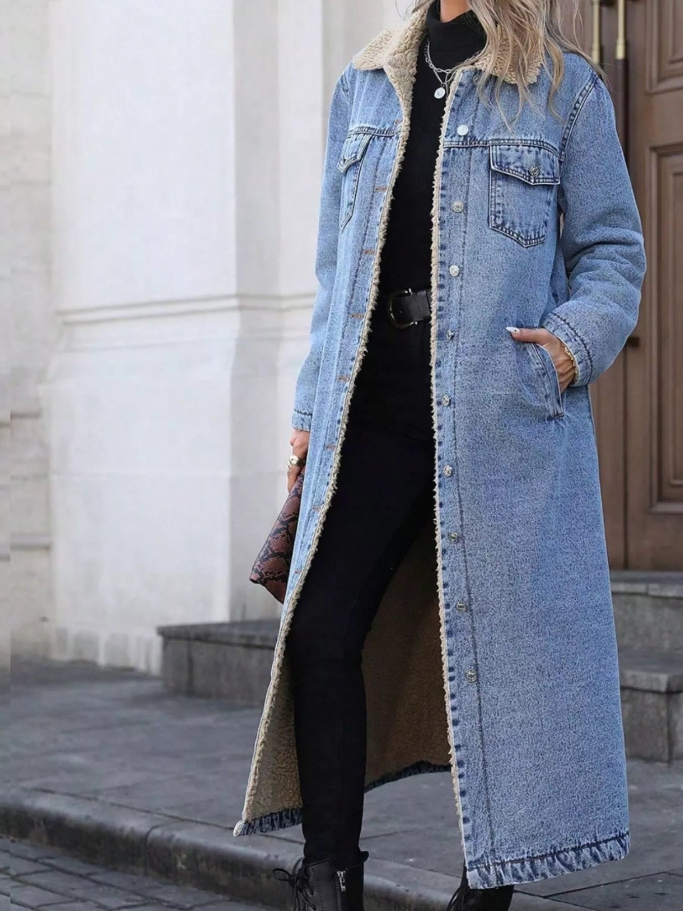 Sherpa Lined Longline Denim Jacket