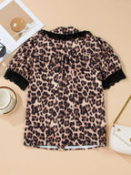 Leopard Print Button Down Lace Trim Short Sleeve Shirt