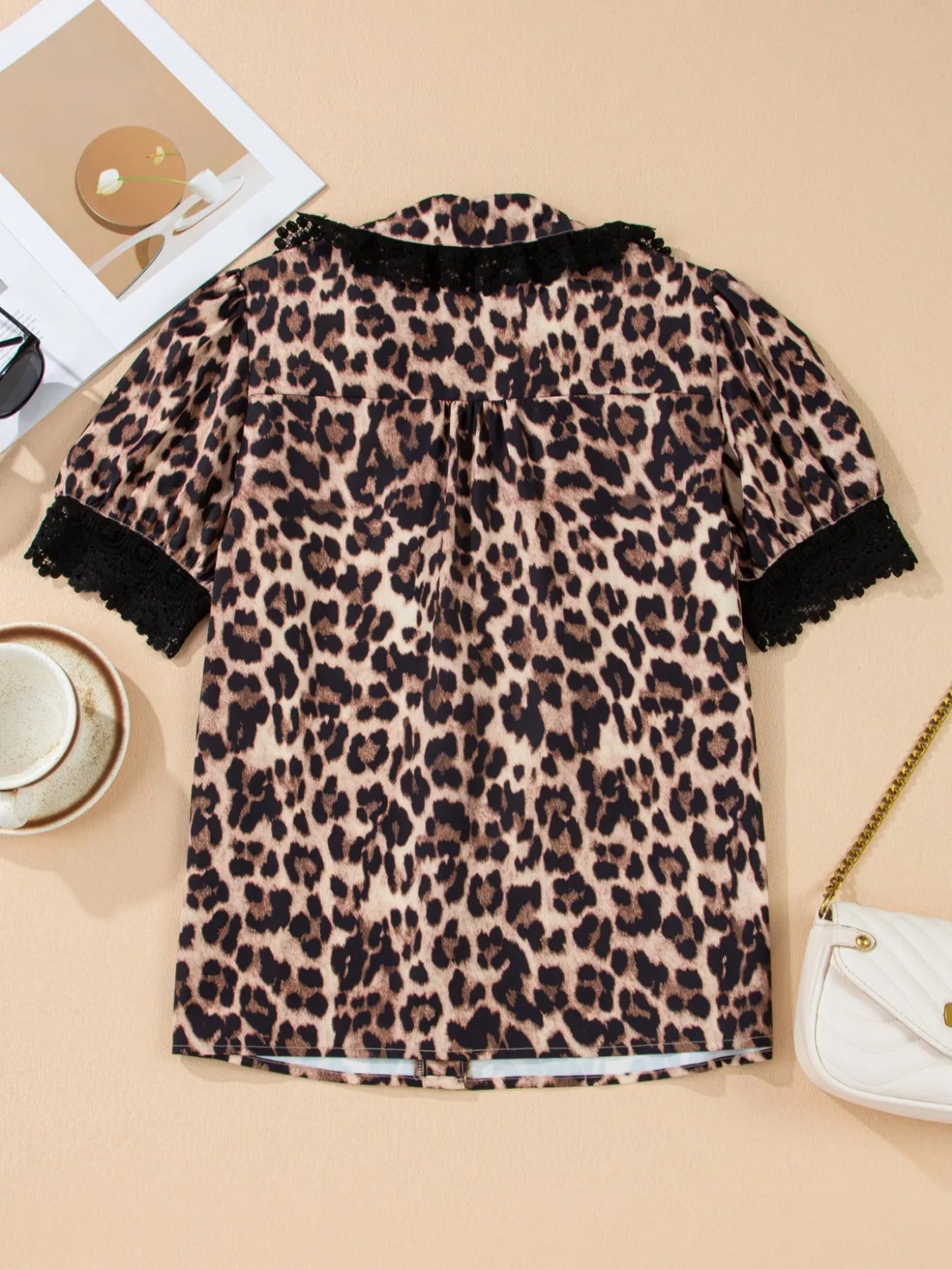 Leopard Print Button Down Lace Trim Short Sleeve Shirt